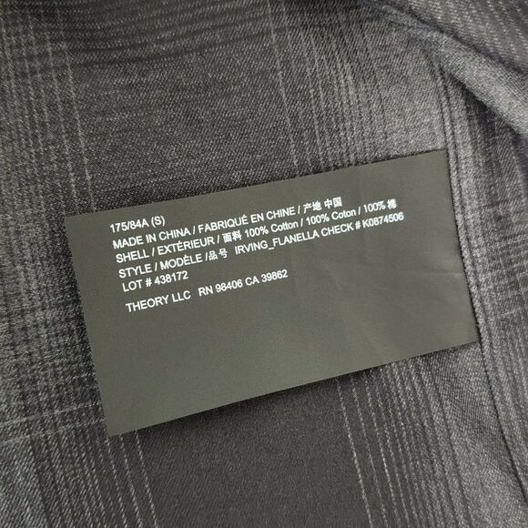 THEORY Men's Irving - S, M, L, XL -  Flannel Check Sport Shirt - Charcoal Check - Picture 8 of 8